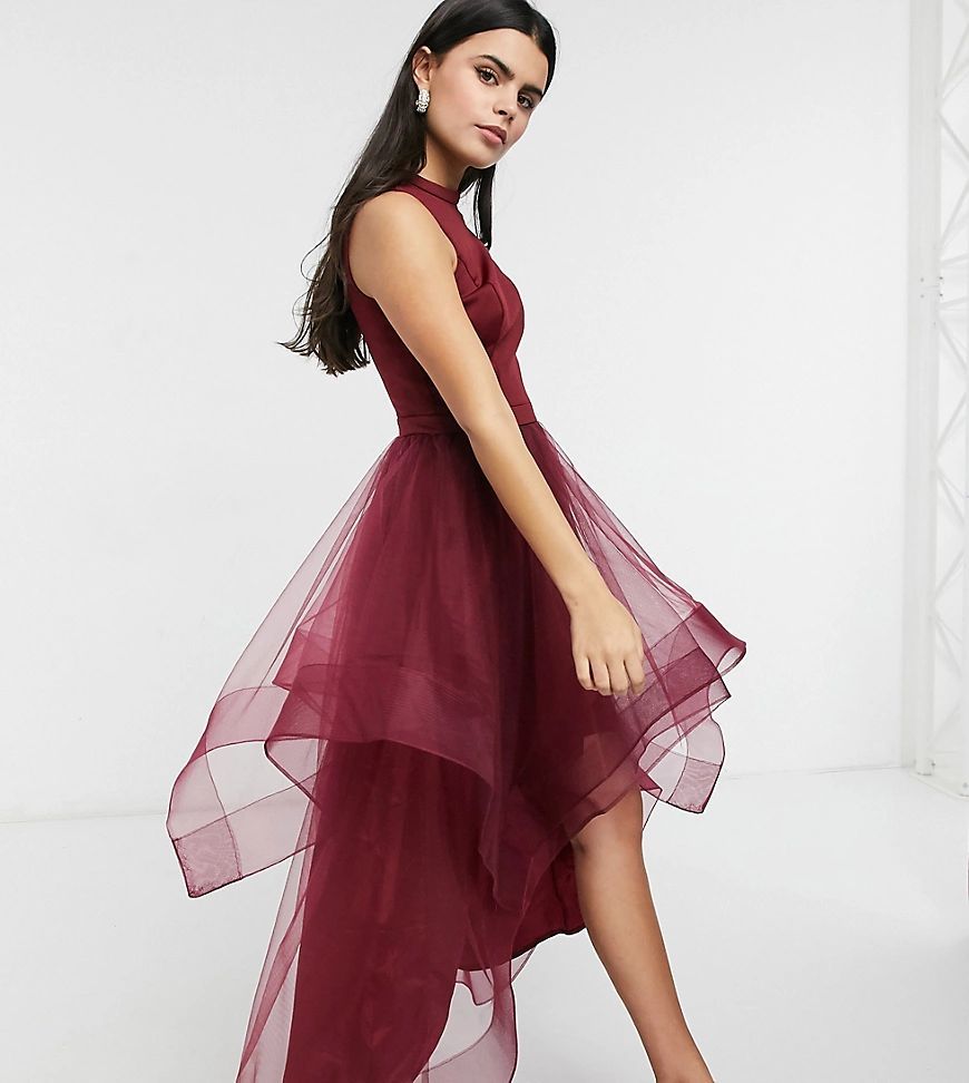 high low organza prom dress in burgundy-Red