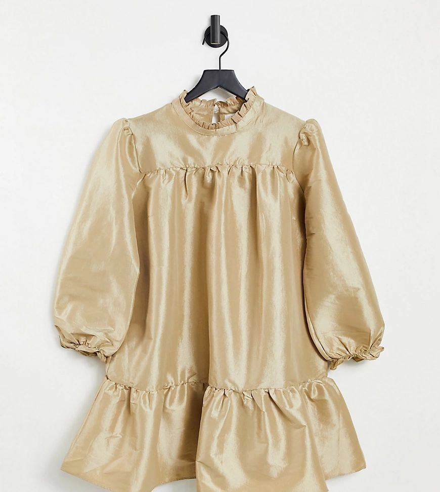 babydoll puff sleeve mini dress in gold-Multi