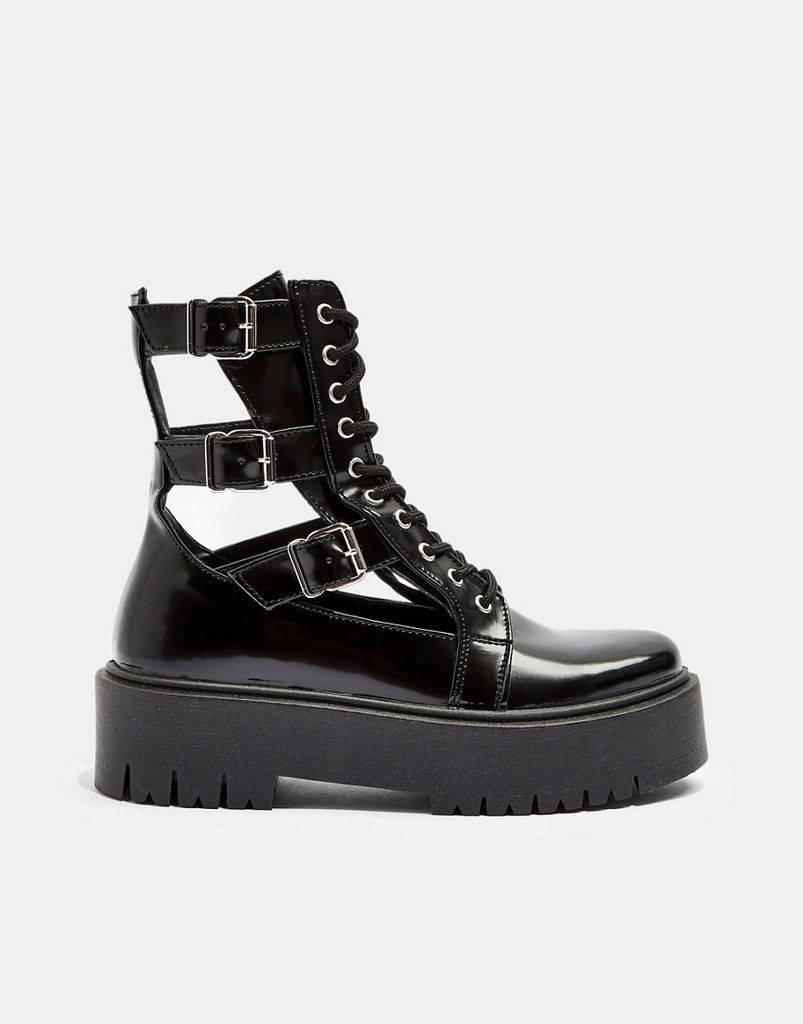cut out buckle boots in black