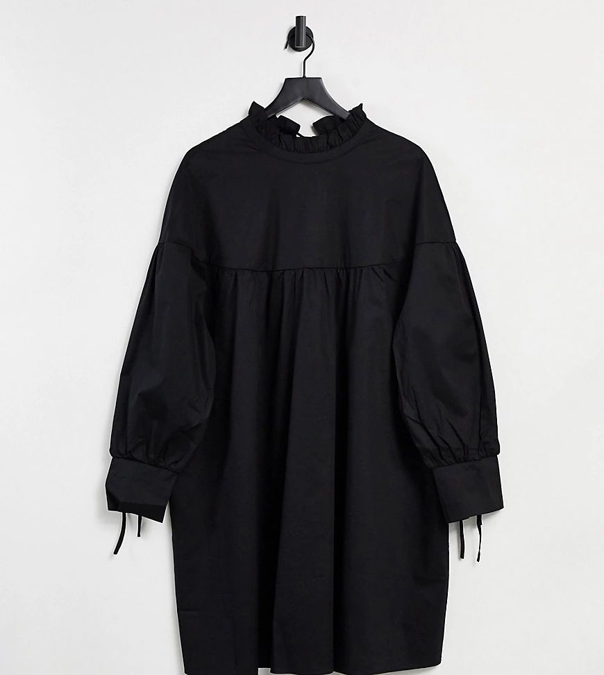 mini tiered smock dress with neck tie in black cotton