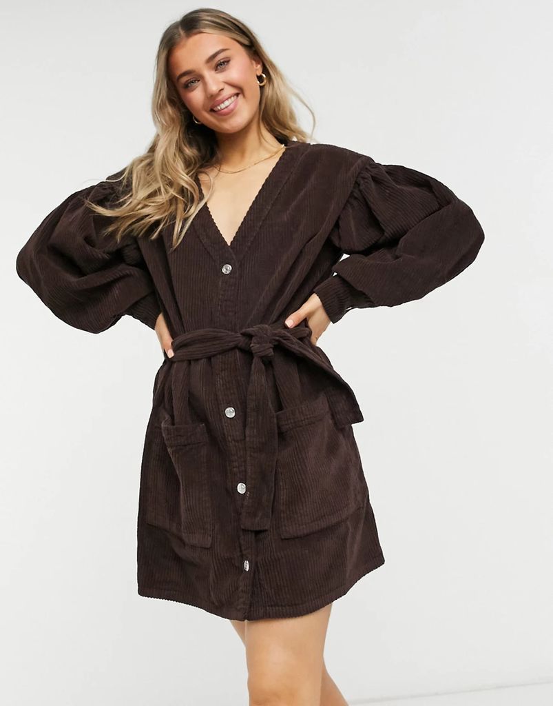 Belted cardi dress in chocolate cord-White