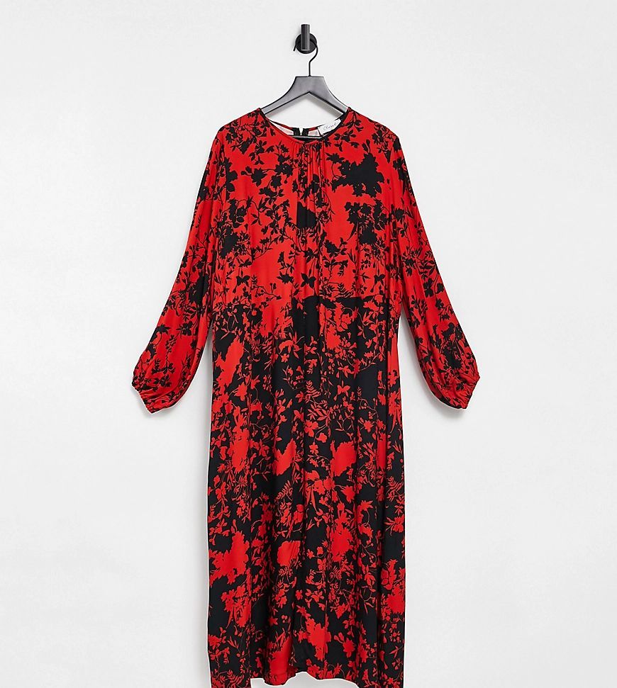long sleeve split midi dress in black and red contrast floral-Multi