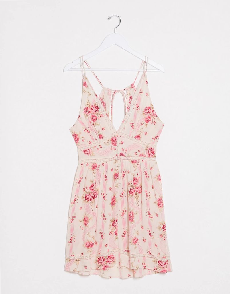 tiered mini sundress with lace inserts in wallpaper floral print-Multi