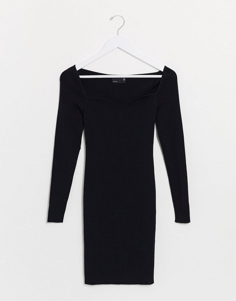 structured knitted mini dress with open sweetheart neck-Black