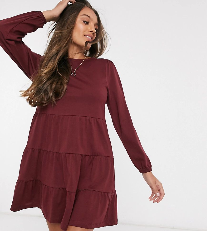 Petite smock mini dress with tiered hem with long sleeve in port