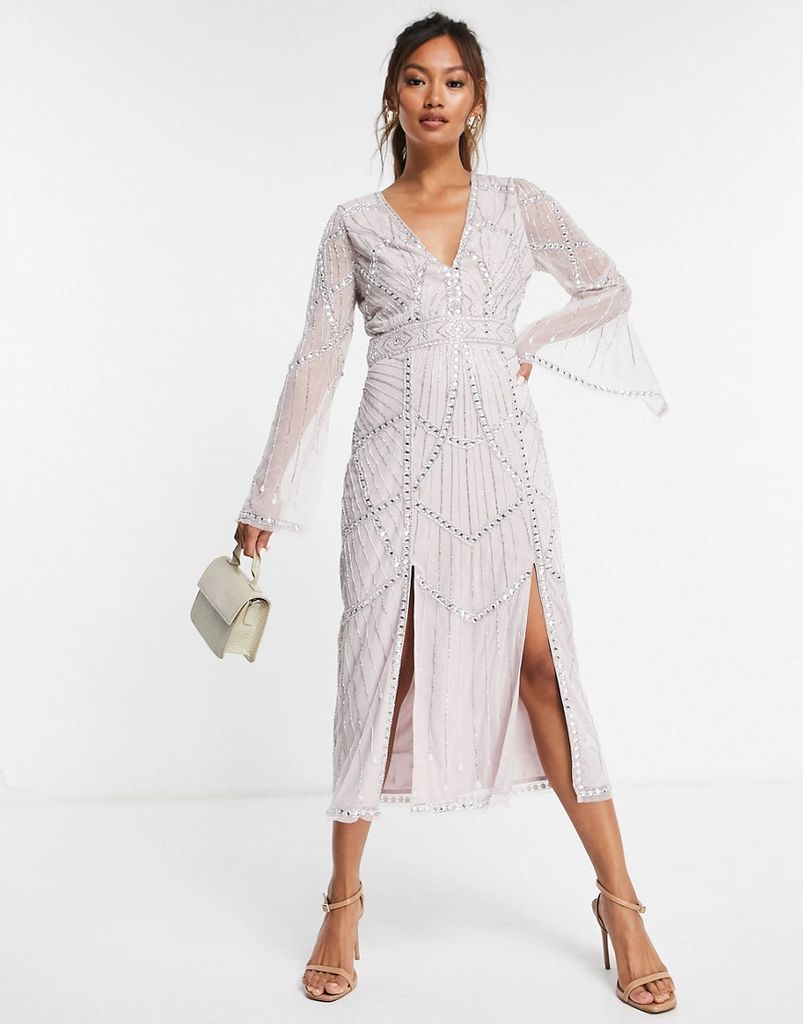 gem embellished midi dress with cut out detail and slit sleeve in blush-Pink