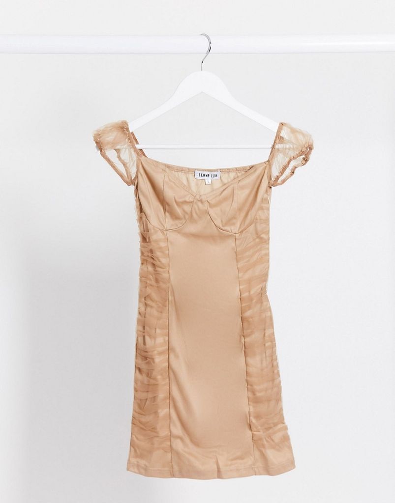 organza ruched mini dress in tan-Brown