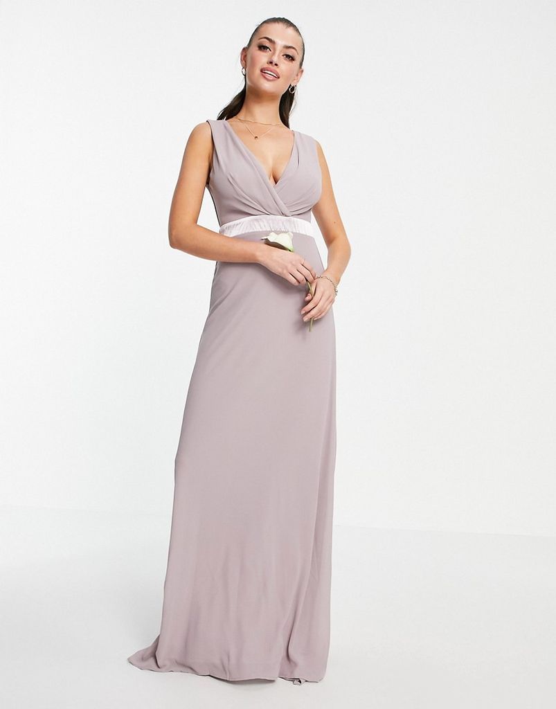 bridesmaid plunge front bow back maxi dress in grey