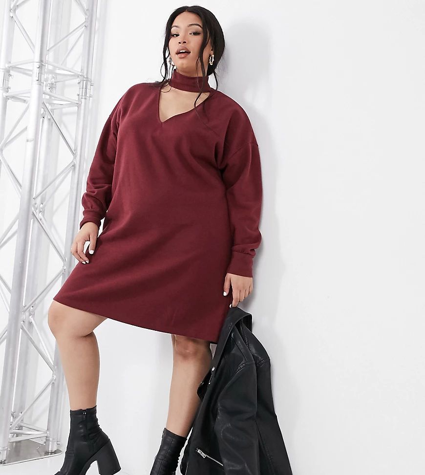 Curve super soft mini dress with cut out front with long sleeve in oxblood-Red