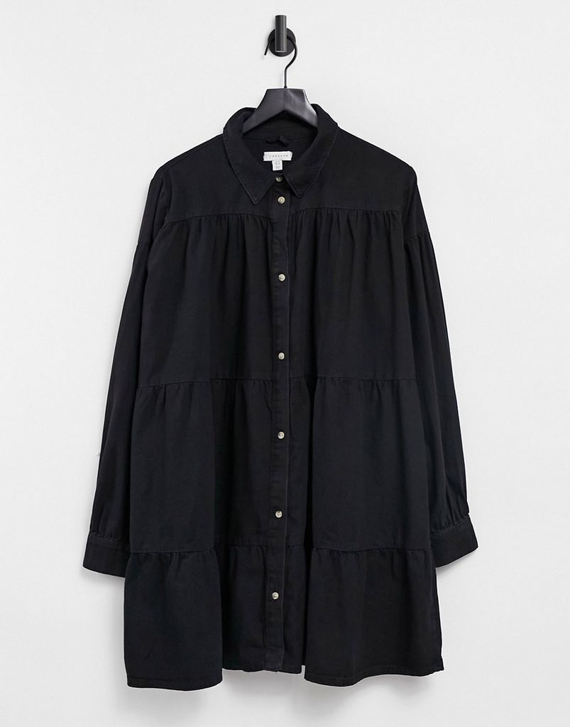 tiered denim shirt dress in black
