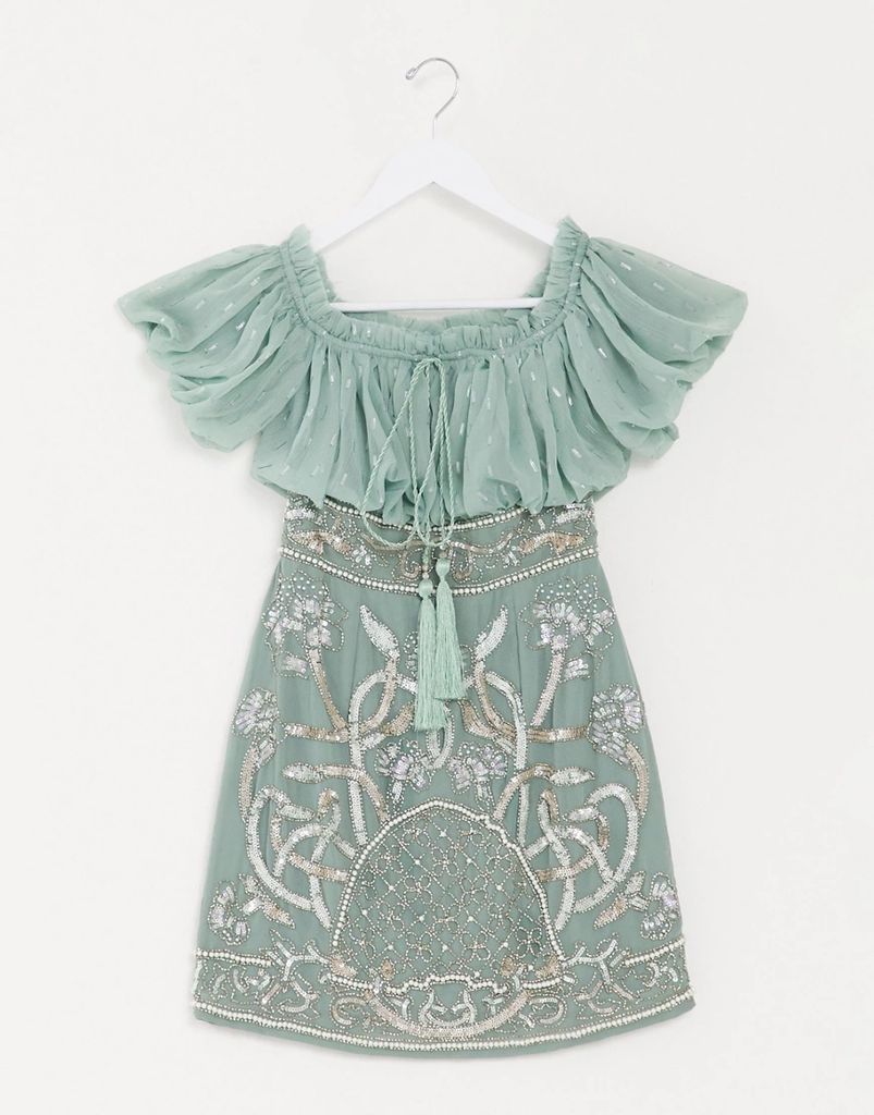 blouson bodice off shoulder mini dress with embellished skirt in sage-Green