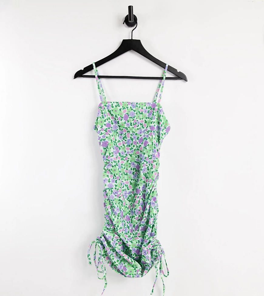 Petite strappy mini sundress with ruched side in green and purple floral print-Multi