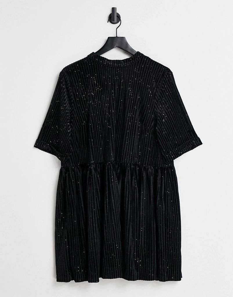 ribbed smock dress with gold glitter in black