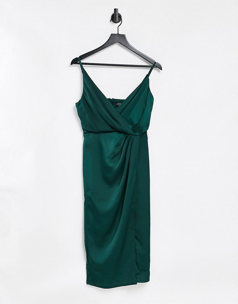 satin wrap dress in forest green