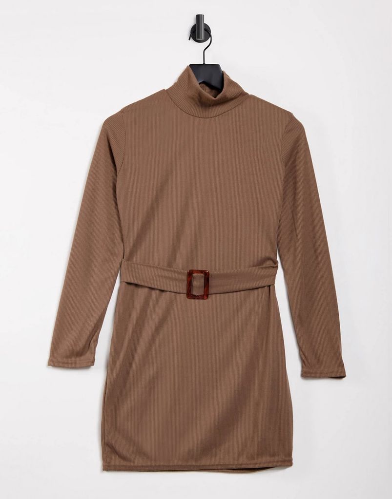 belted roll neck mini dress in brown