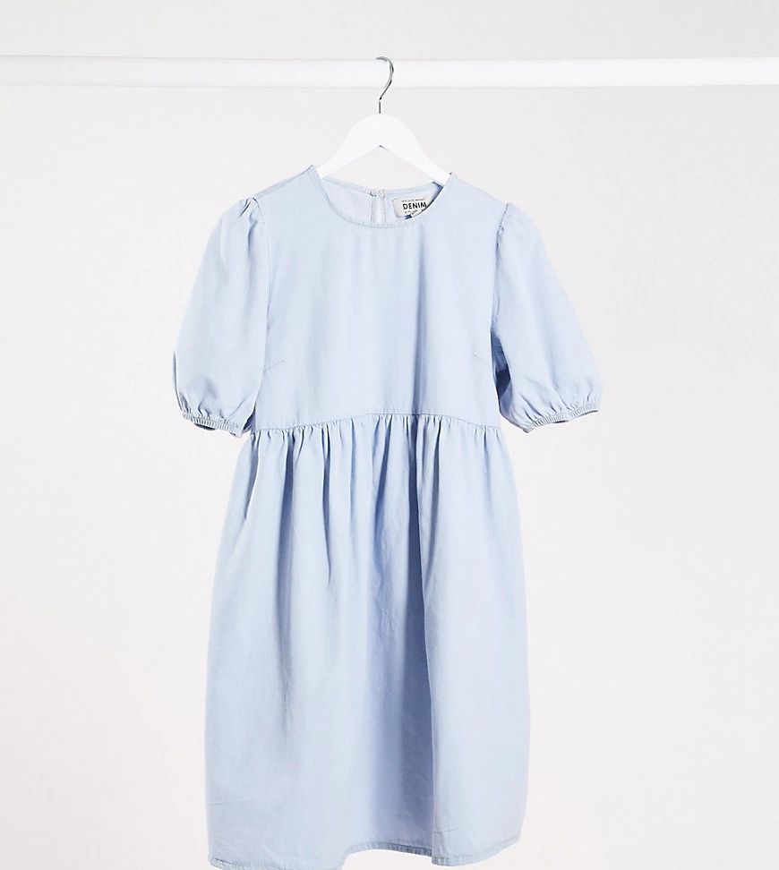 smock dress with puff sleeves in blue denim