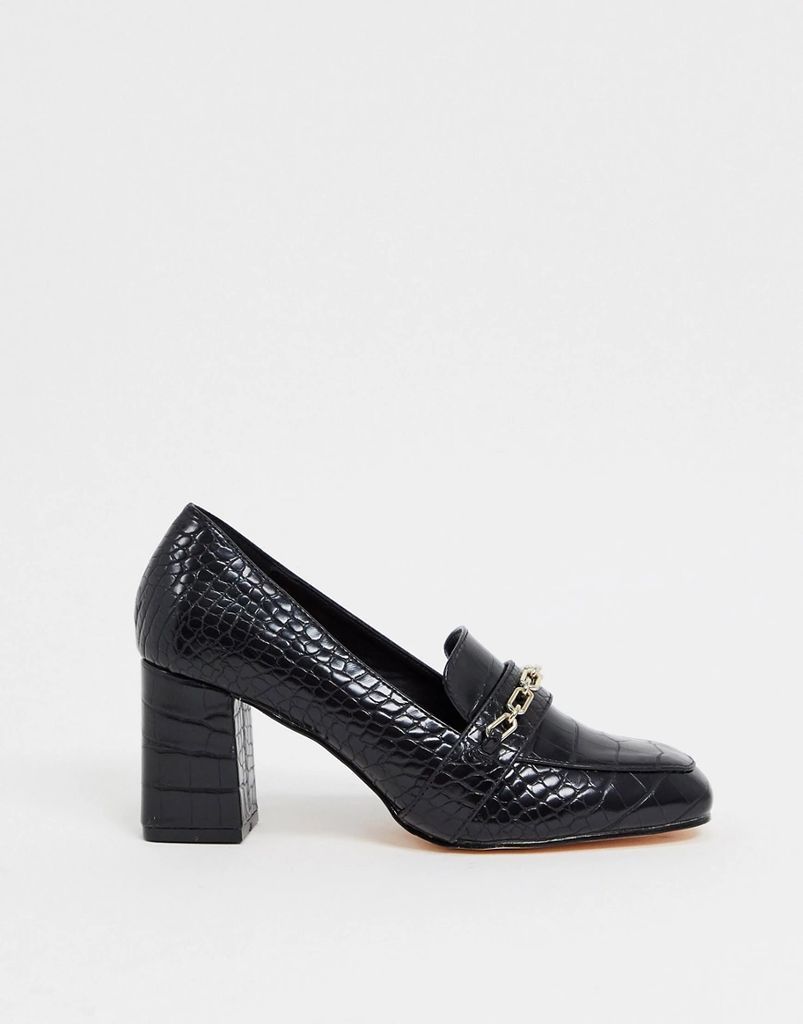 chain detail heeled loafers in black croc