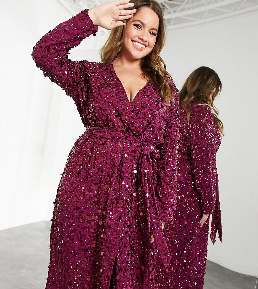 Curve disc sequin wrap midi dress in oxblood-Red
