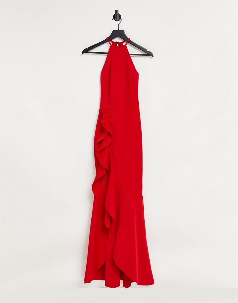 halterneck ruffle dress in red