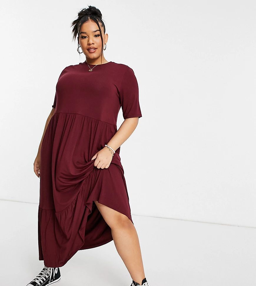ASOS DESIGN Curve tiered smock t-shirt midi dress in oxblood