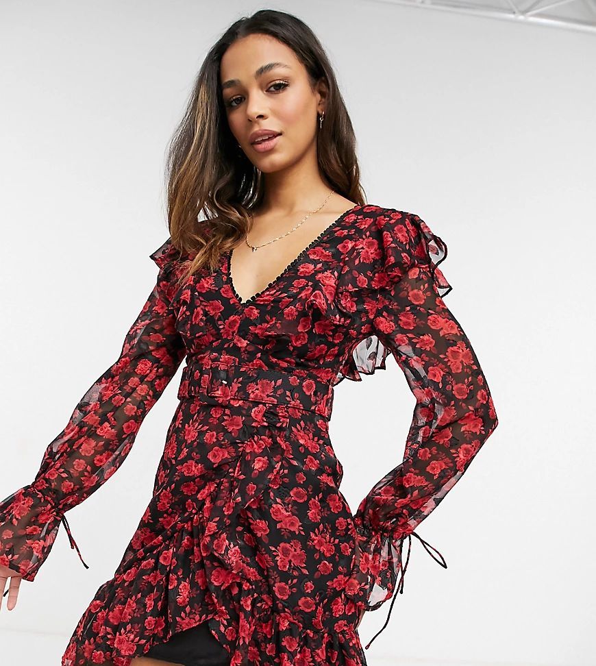 belted frill detail mini dress in black and red rose print-Multi