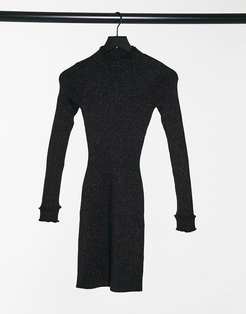 mini dress with high neck in glitter knit-Black