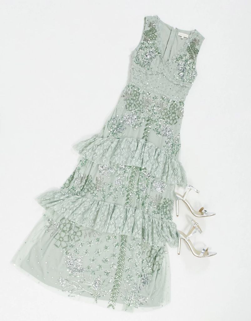 lace embellished ruffle hem maxi dress in green