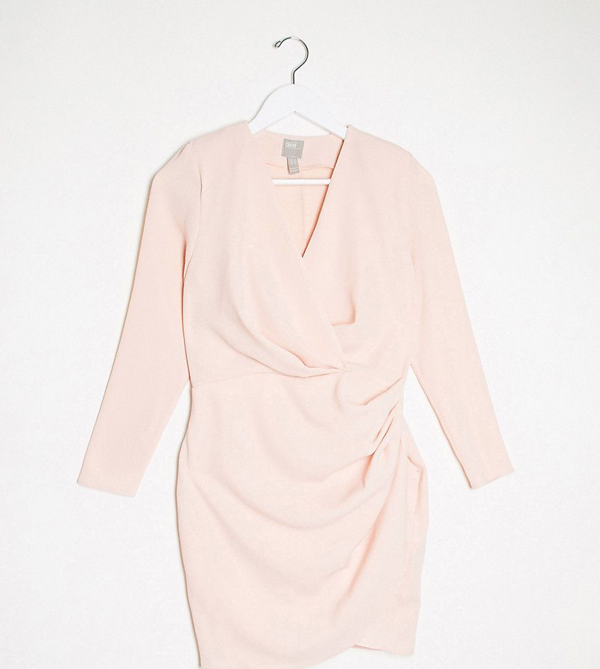 ASOS DESIGN Petite long sleeve pleat front wrap mini dress in blush-Pink