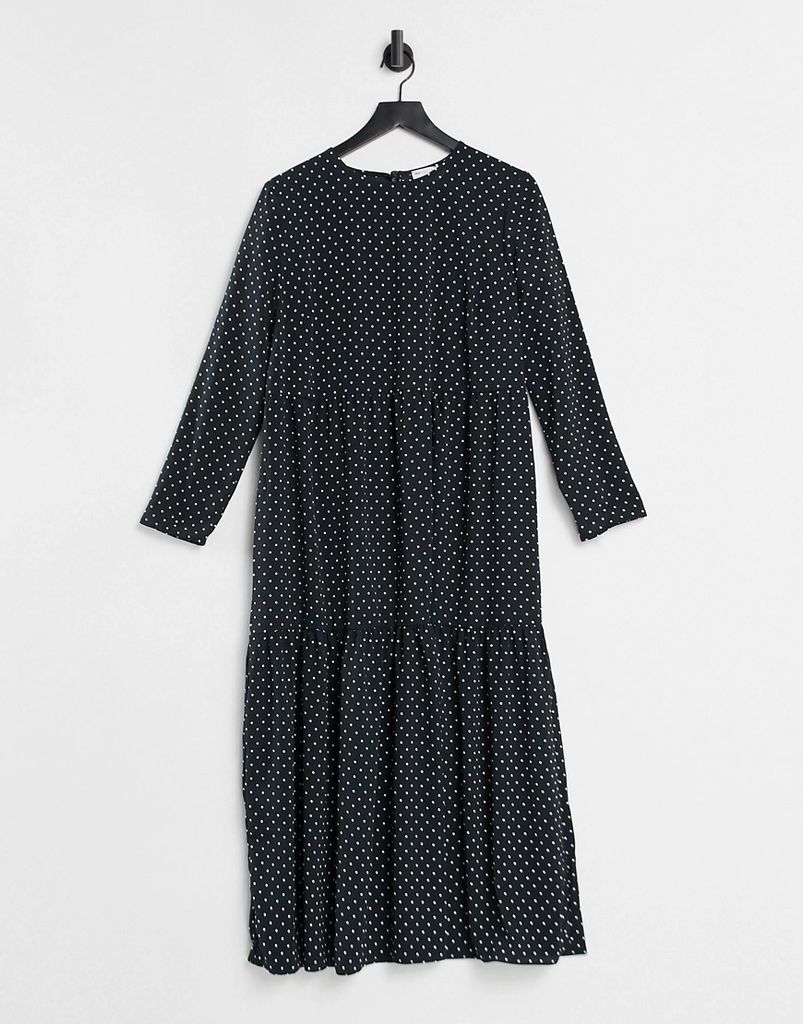 long sleeve tiered smock midi dress in black/nude spot-Multi