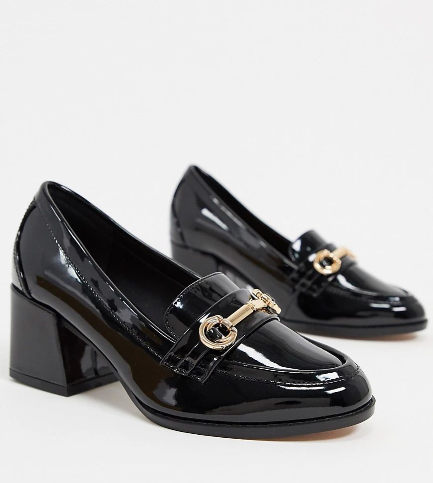 Wide Fit Skylar mid-heeled loafers in black patent