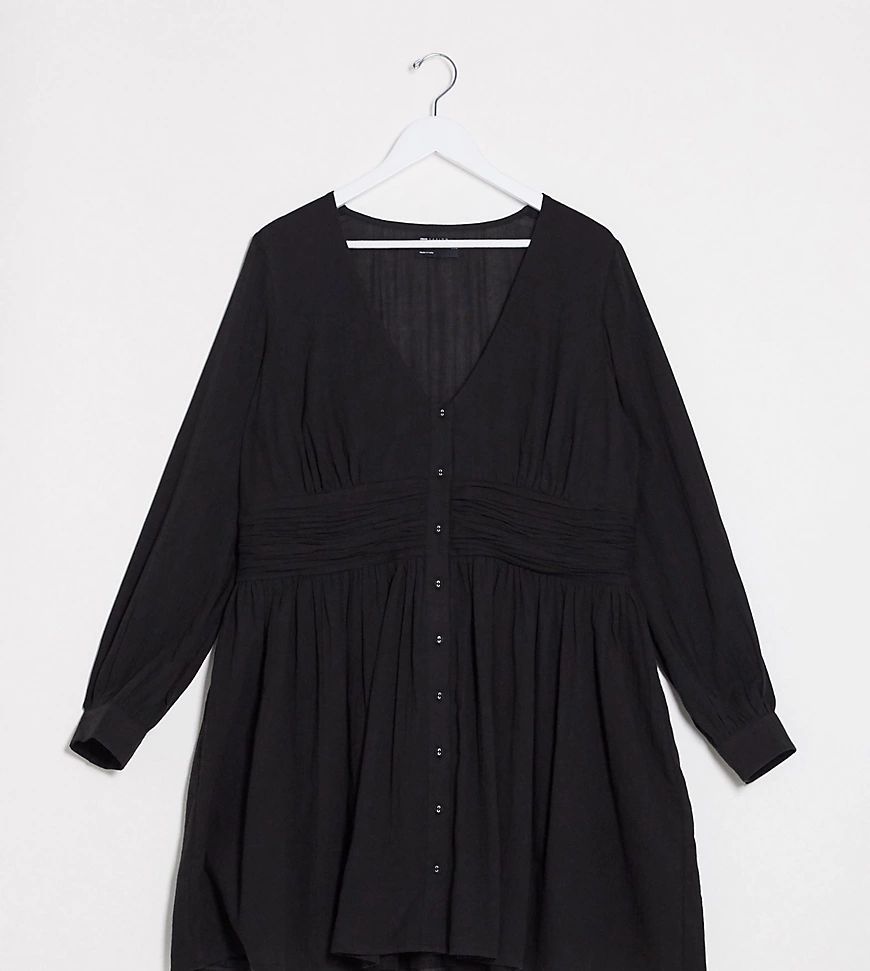 ASOS DESIGN Curve crinkle button through mini tea dress with ruched waist-Black