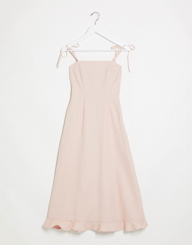 denim square neck midi dress with frill in pink