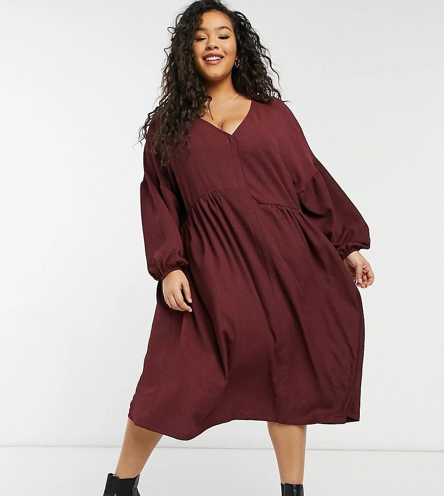 Curve oversized textured shirt smock midi dress in burgundy