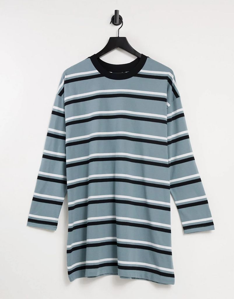 oversized long sleeve t-shirt dress in dusty blue black and white stripe