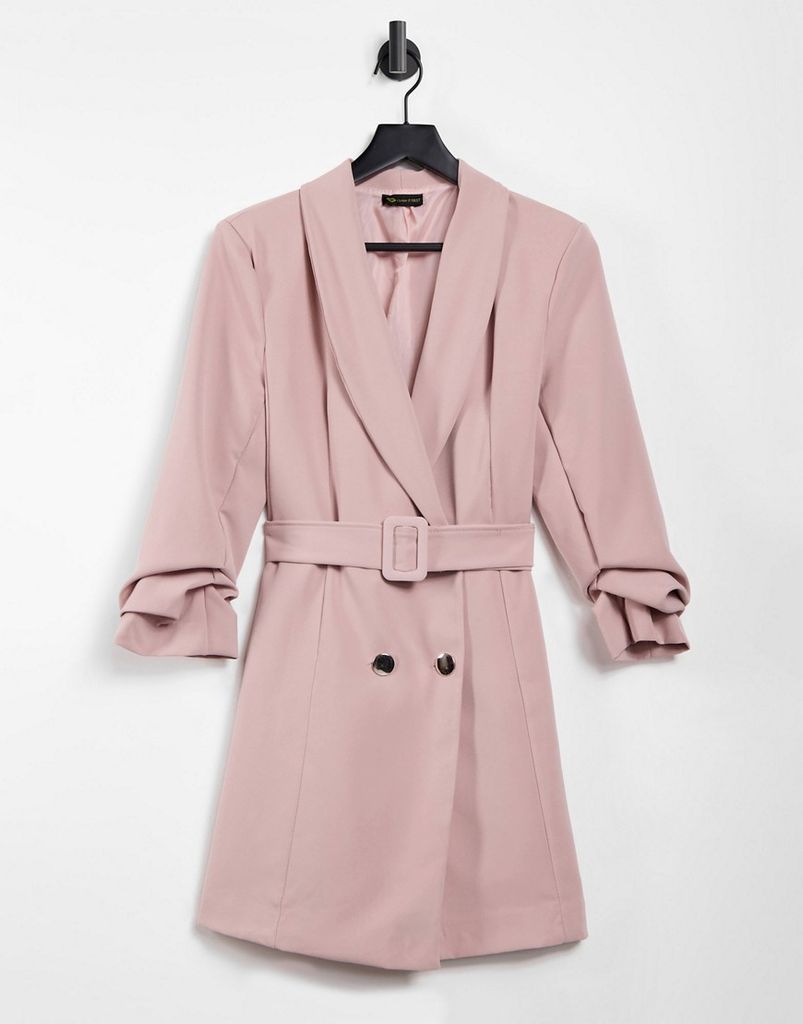 double button belted blazer dress in pink