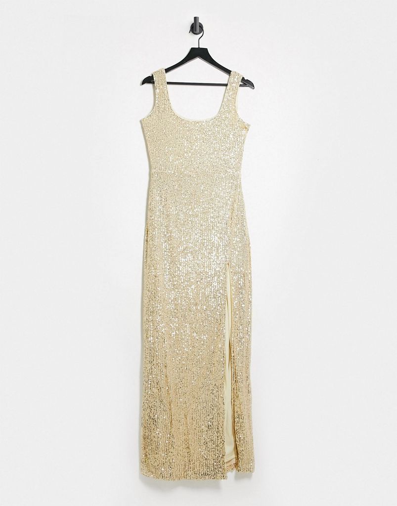 sequin maxi dress with thigh split in light gold