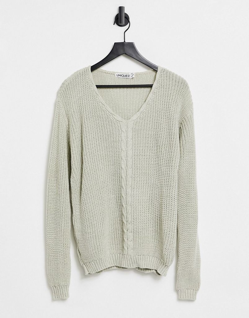 knitted v neck jumper in grey-White