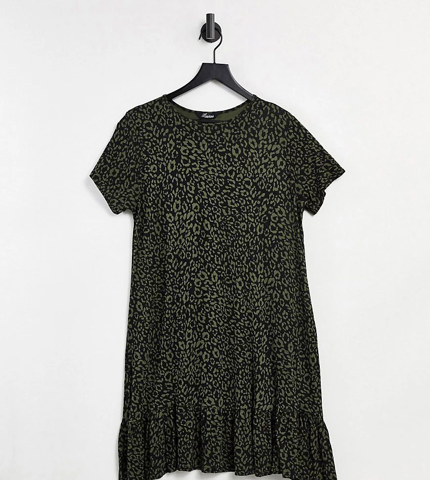 tiered smock dress in khaki leopard print-Green