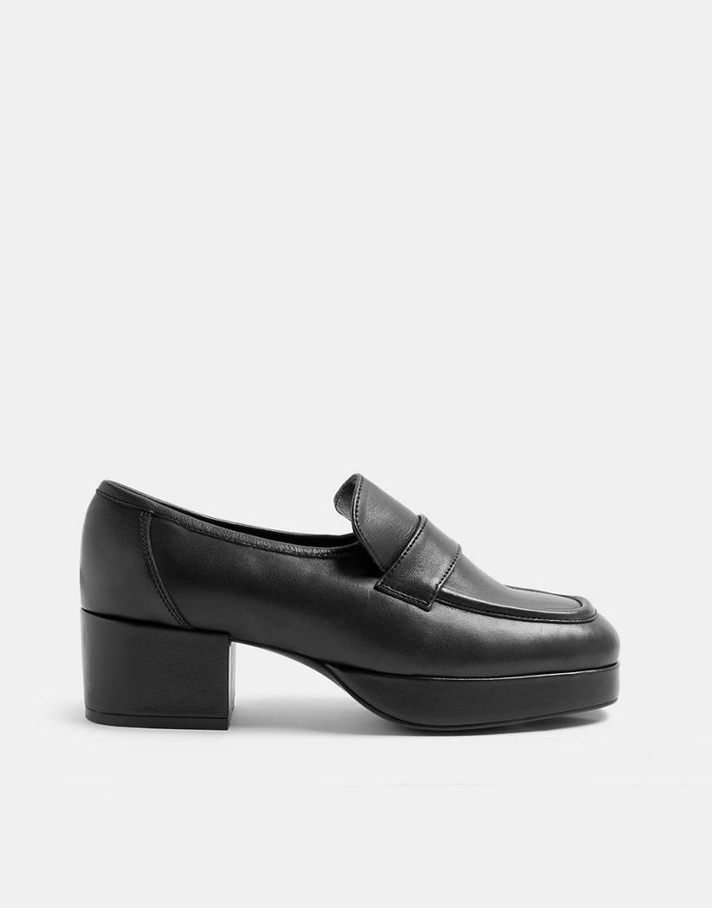 Felix leather heeled platform loafer in black