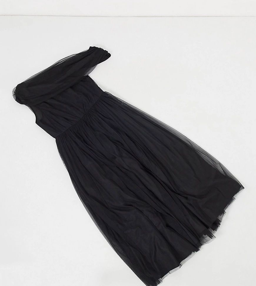 ASOS DESIGN Curve tulle fallen shoulder maxi dress in black
