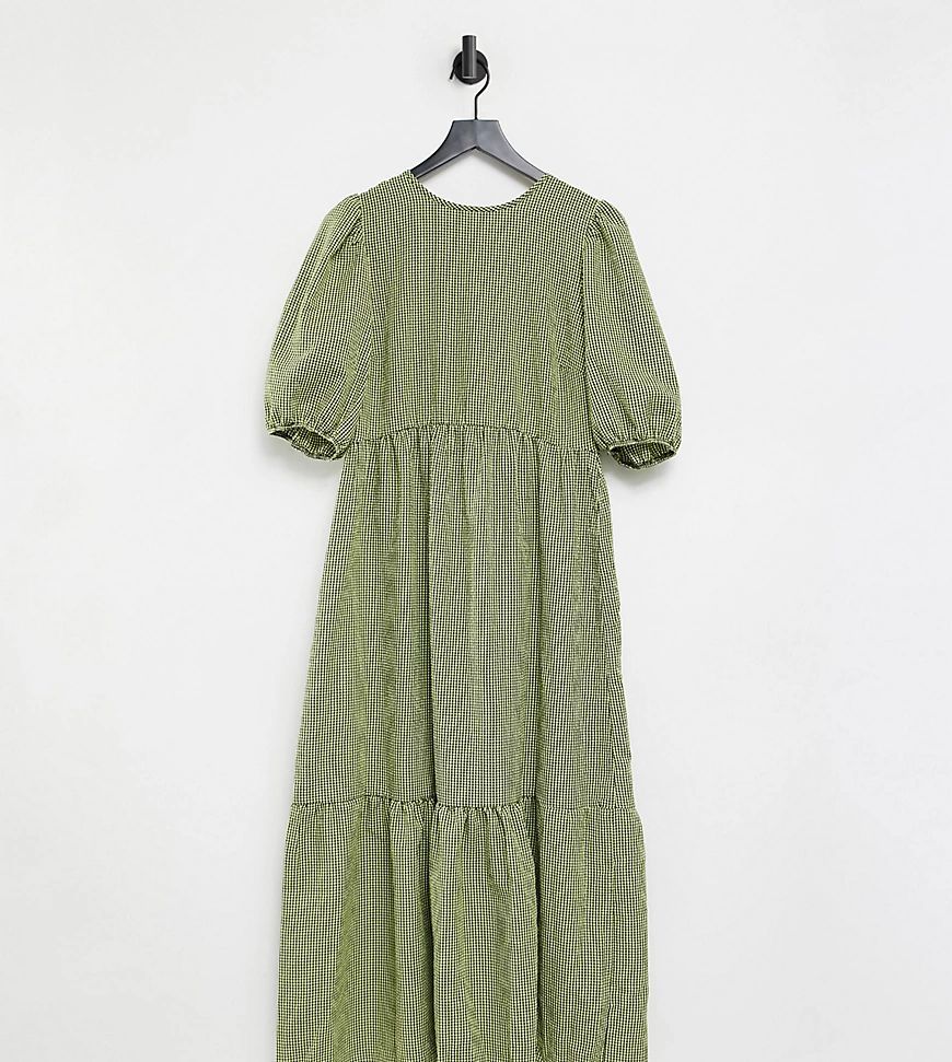 tiered midi smock dress with tie detail in green gingham-Black