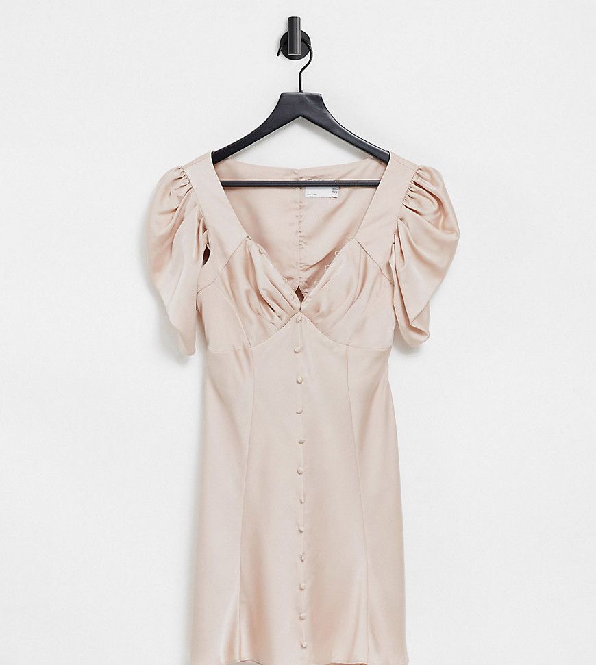 ASOS DESIGN Petite button through mini tea dress with drape shoulder detail-Pink