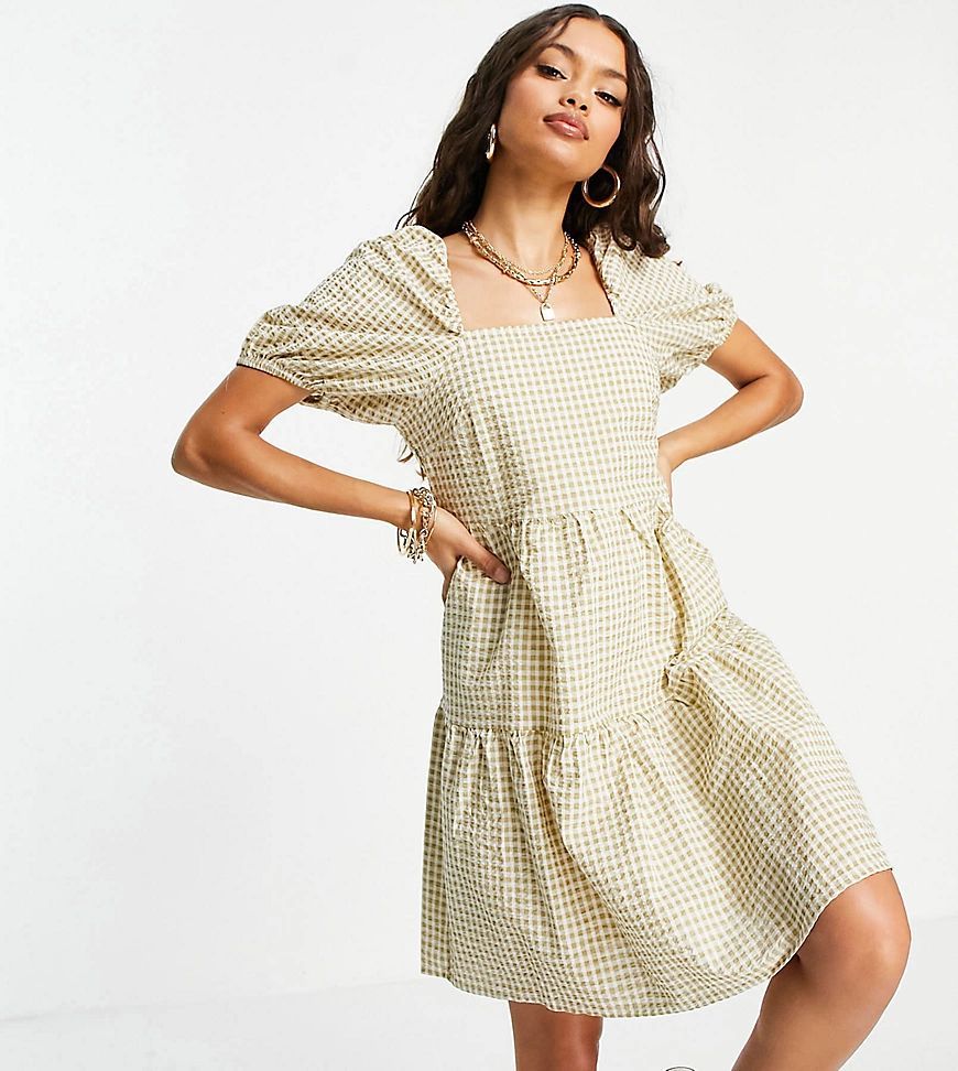 Y.A.S. Petite gingham puff sleeve mini smock dress in sage-Green