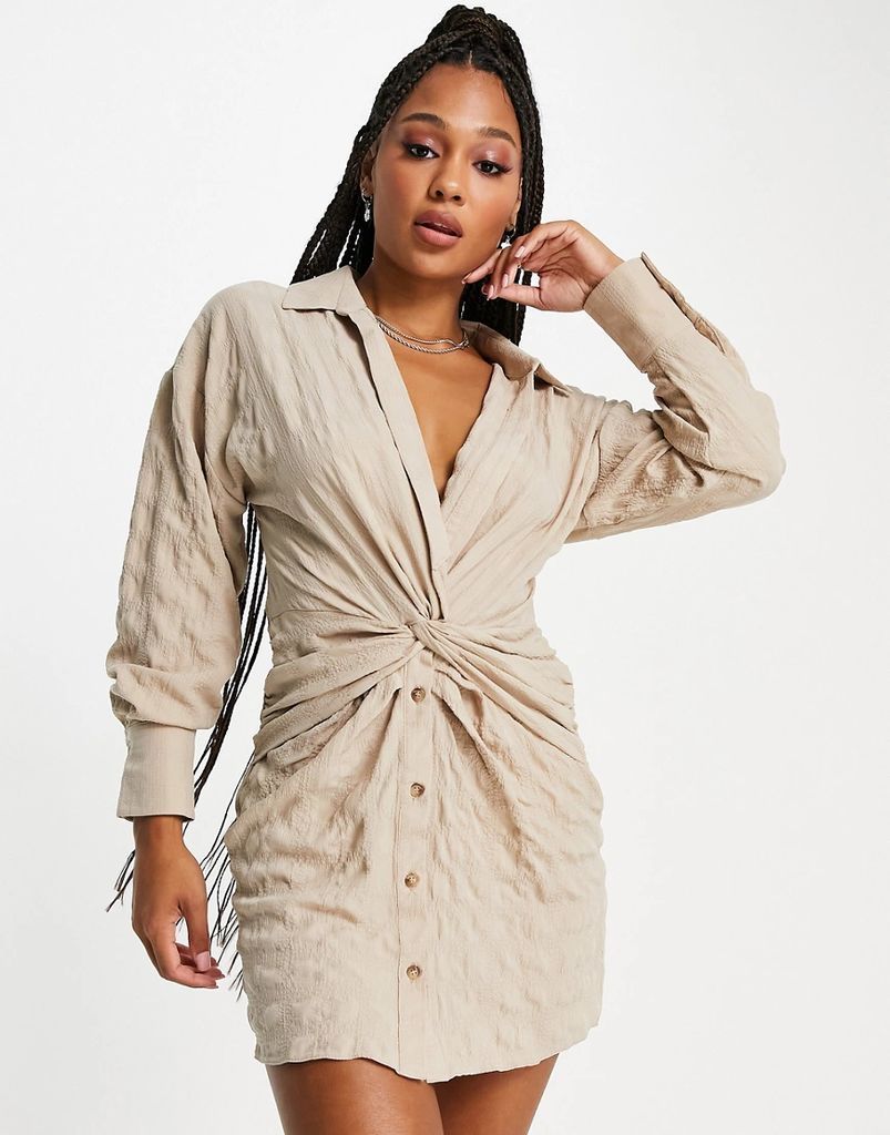 knot front shirt dress in camel-Neutral