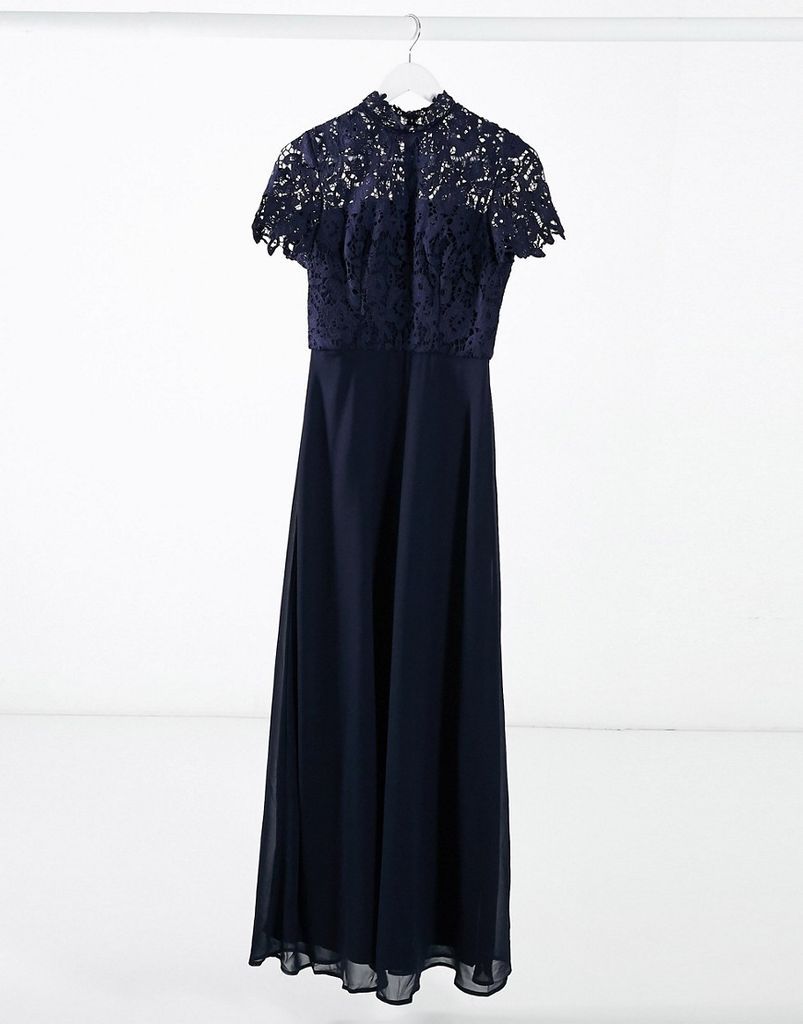 high neck lace maxi dress in navy