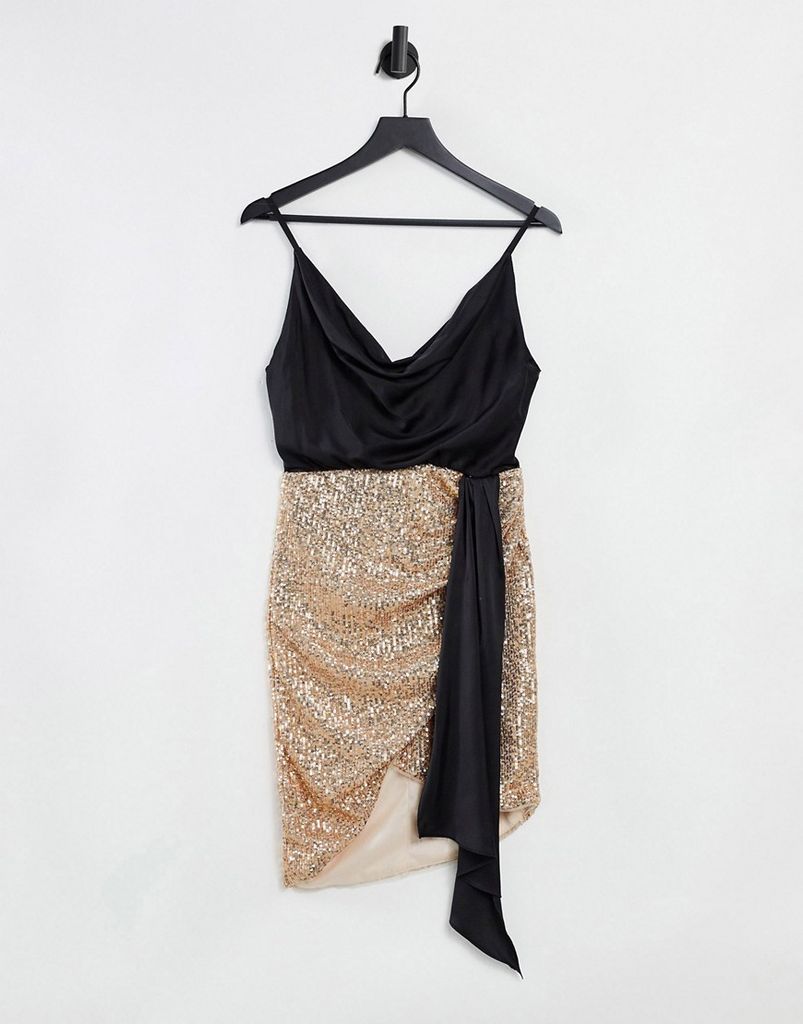 2 in 1 sequin wrap dress with satin cowl neck in rose gold