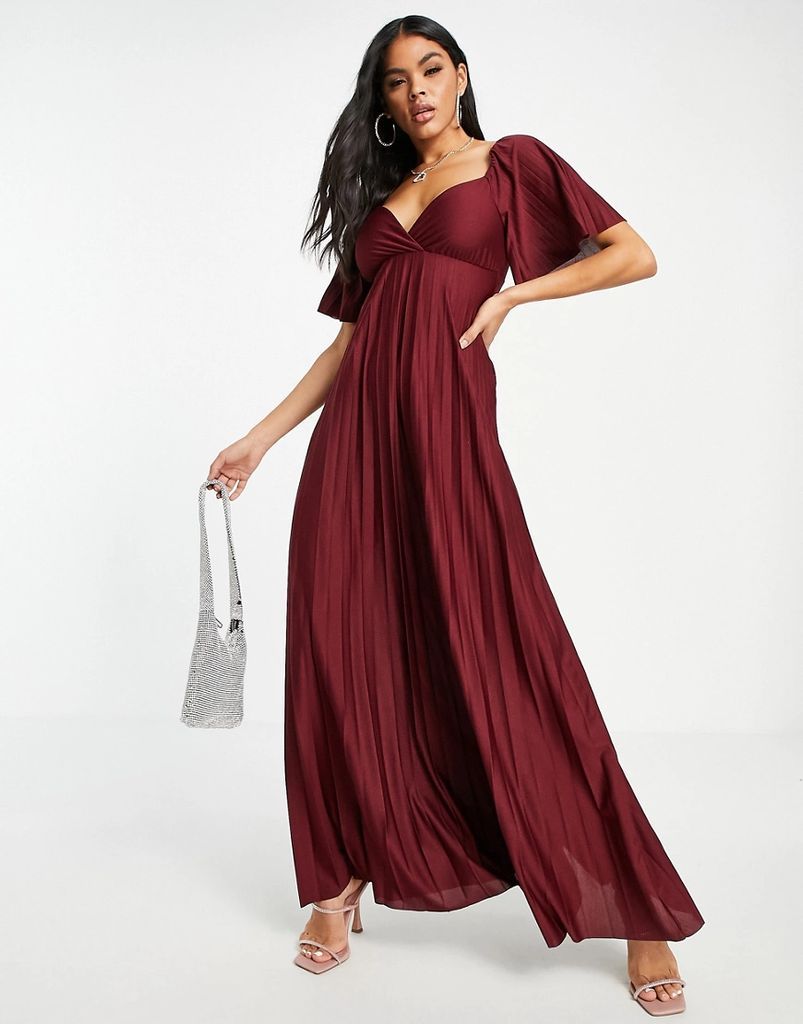 pleated twist back cap sleeve maxi dress in red
