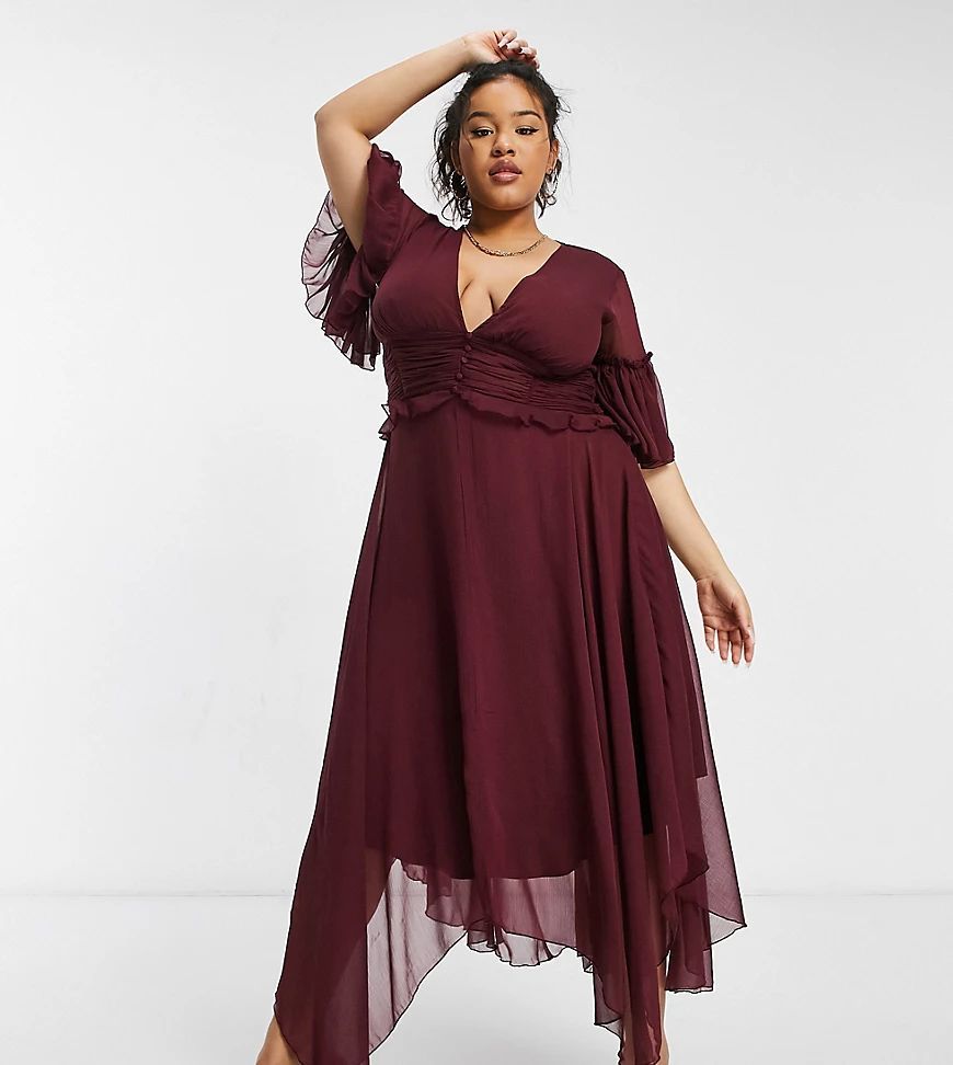 Curve flutter sleeve midi dress with pleated waist and button detail in berry-Red
