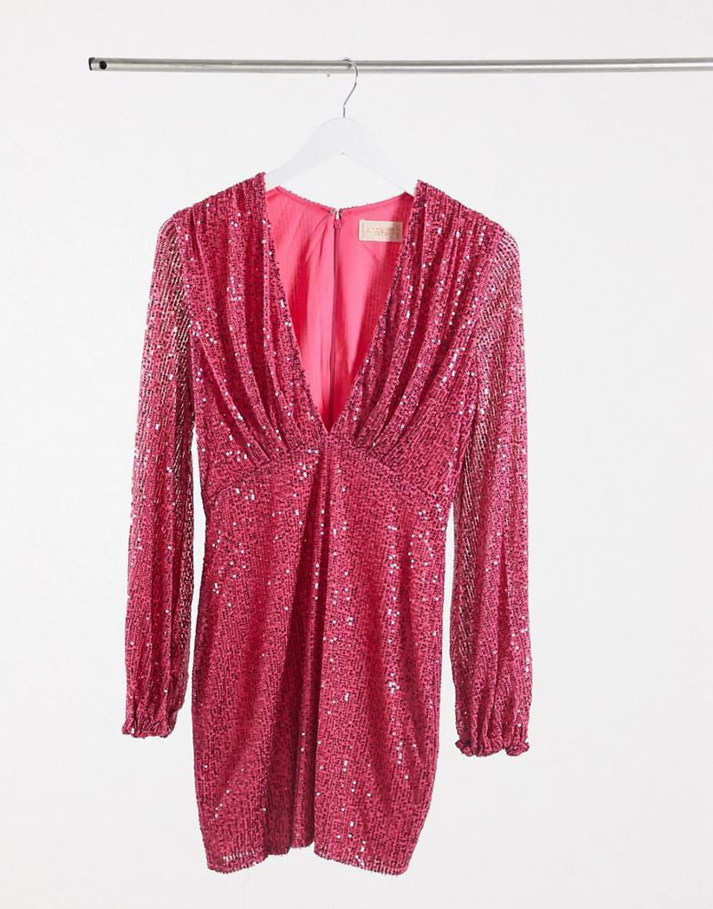 sequin plunge long sleeve mini dress in pink