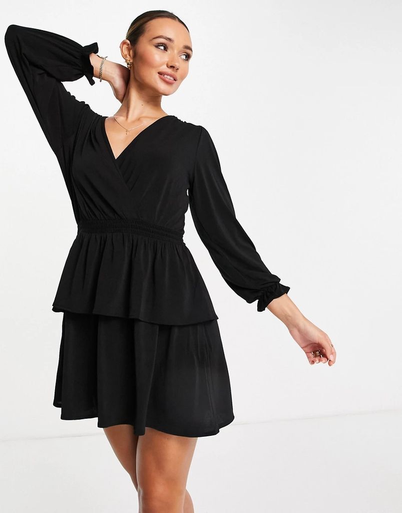 tiered mini dress in black-Multi